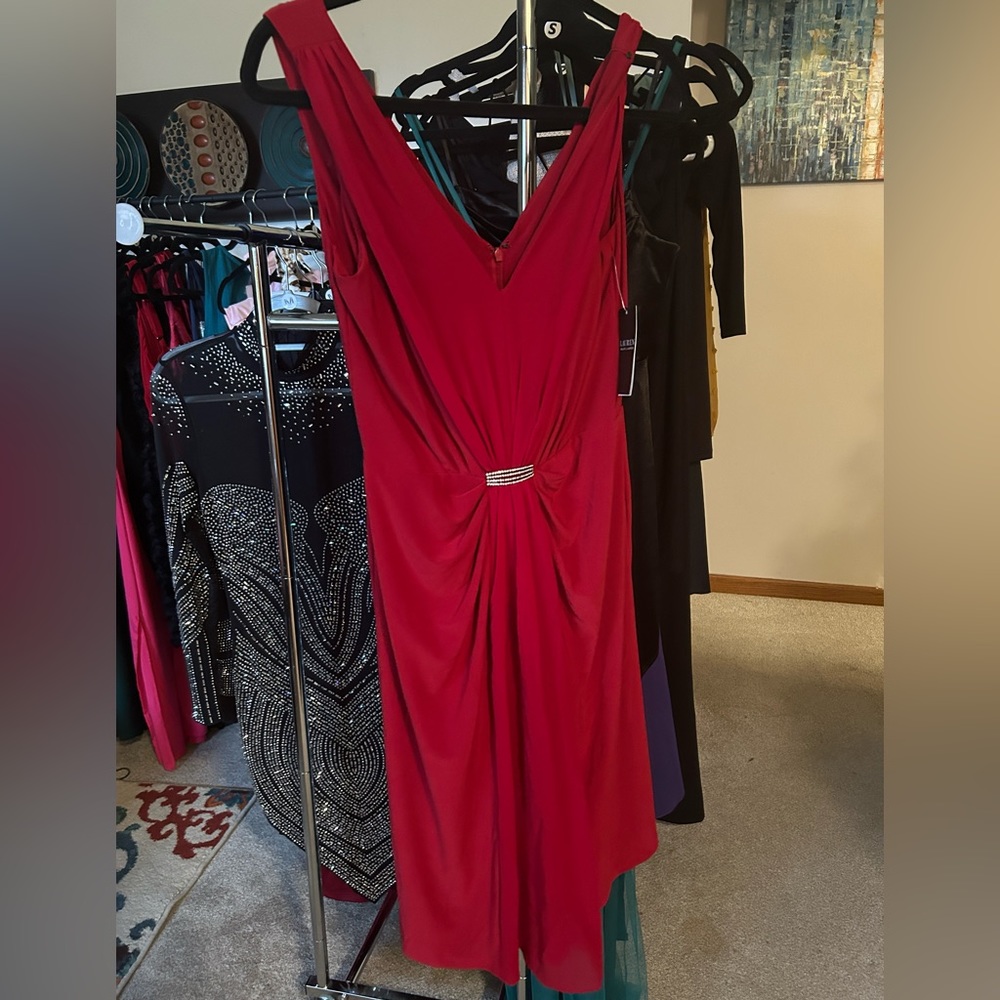 Red mid length Ralph Lauren dress.